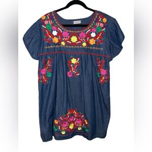 YZXDORWJ Floral Embroidered Mexico Inspired Denim‎ Dress size XXL